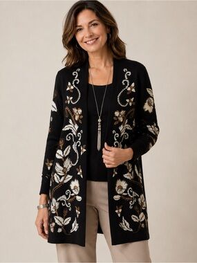 Chicos Embroidered Black Open Cardigan Sweater Long Duster size Large Office
